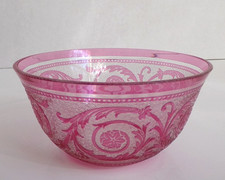 VAL SAINT LAMBERT FLASHED GLASS BOWL WITH ETCHED DECORATION, RARE, BELGIUM 4.5"