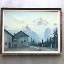 PAYSAGE ALPES signé LUCET glaciers chalet montagne tableau peinture antique 1