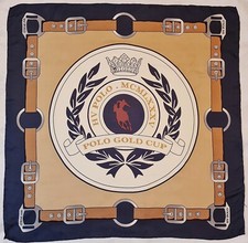 SCARF VINTAGE AUTHENTIC EQUESTRIAN HV POLO GOLD CUP BLUE SILK 34" SQUARE