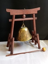 Vintage Meditation Temple Gong Brass Bell Wooden Pagoda Gate Stand + Mallet