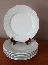 6 LIMOGES DESHOULIERES WHITE FLAT PLATES FRUIT DECOR VINE EMBOSSED