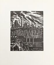 Frans Masereel, port before industrial landscape, woodcut, signed in print