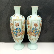 ✨ Antique Pair of 1900s Opaline Green Uranium Glass Vases ~ Enamelled Bohemian A