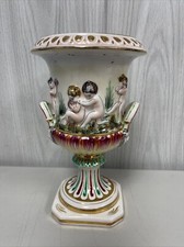 VTG Capodimonte Italy Raised Cherubs Bacchus Baroque Porcelain 9" Urn Vase