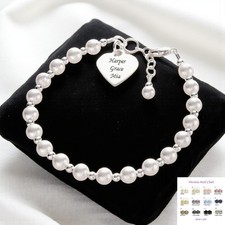 Bracelet Perle Avec Personnalisé Gravure .925 Argent Sterling, Blanc, Rose Etc.