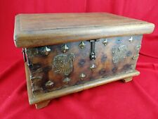 Travel chest, wood and wrought iron brass decoration. Antique.