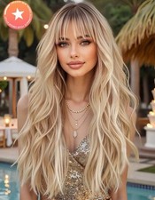 Perruque Synthétique Longue Blonde Mèches Foncé Cheveux Bouclés 65cm +4 Bonnets
