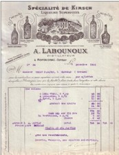 MONTAIGNAC - INVOICE A. LABOUNOUX DISTILLER, KIRSCH LIQUEURS - 1920
