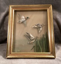 Vintage Verre Eglomise Triple Pane Shadow Box Painting Of Ducks In Flight Signed