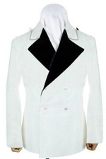 Nouveau Veste Tuxedo Double Boutonnée Blanche Avec Revers En Satin Noir