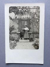 Antique PHOTO CARD woman child sailor lattice awning marquise garden door