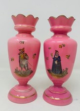 Antique pair French pink opaline vases handpainted Renaissance lady with flowers