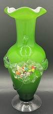 Green and White Glass Vase, Multicolor Applique Decor, Murano Style