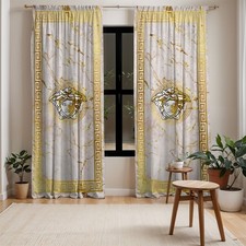 Versace Style Medusa Curtain White Gold Marble Baroque Elegant Window
