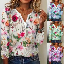 T-Shirt D'été À Col En V Pour Femme À Manches Longues Et Motif Floral. /