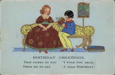 Antique ART DECO BIRTHDAY Greetings Children on Chaise Longue GILT INLAY