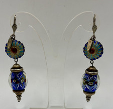 Brigitte Boutry Silver Tone Glass & Enamel Dangle Drop Earrings 8cm