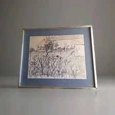 Antique Bernard Style Buffet Landscape Nature Trees Drawing.  Framed Painting
