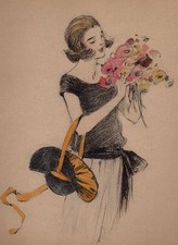 Femme au bouquet. Crayons et aquarelle vers 1930