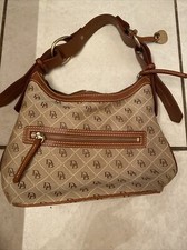 Dooney and Bourke Signature Brown Canvas Leather Trim Small Hobo Shoulder Purse