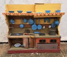 Kitchen IX -th toy old large model wood complete accessories enamelled sheet metal