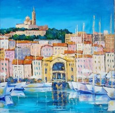 Large canvas by Nolac 50x50 cm "Port of Marseille" knife painting
