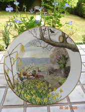 Assiette porcelaine plate anglaise paysage (église, oiseaux, fleurs)