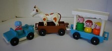 VTG Fisher Price Little People 3 Car Zoo Tram Train Cow Dad Boy Girl Engineer