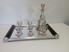 Vintage Mirror Bar Tray with Carafe and 4 Engraved Liqueur Glasses, 50/60