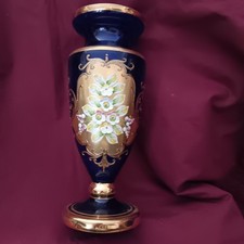 Bohemian Czech Cobalt Blue Hand Painted Glass Vase @ 24ct Gold Enameld.