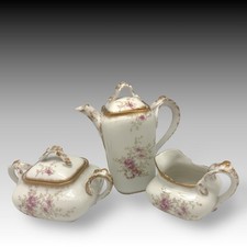Wm Guerin Limoges France Teapot Creamer Sugar Set Hand Painted Roses & Gold
