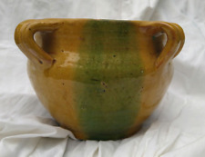 antique yellow, green & brown glazed terracotta pot, plant bottom hole