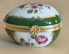 Limoges France Trinket Box Designed  DuBarry Egg Shaped Cabbage Rose Green Gold