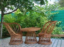 Rattan/Wicker 1 Table and 2 Seats Doll Set. Vintage 70s.