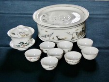 Pretty ASIAN SERVICE White Porcelain Cups Dish Set JAPANESE Decor