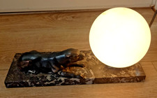 Splendide Panthère - Lampe Veilleuse Art Déco sur Socle en Marbre - Verre Opalin