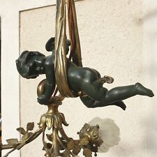 ancien lustre angelot / putti en bronze à 3 tulipes 55 cm Suspension Luminaire