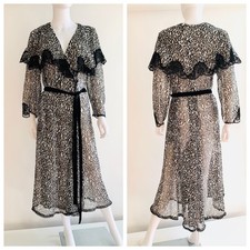 Vtg Lucie Ann Sheer Chiffon Animal leopard print Robe Lace trim up to a sz LARGE