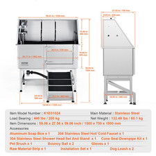 Baignoire De Toilettage Chien Animaux Compagnie 1574,8Mm Inox Rampe Droite