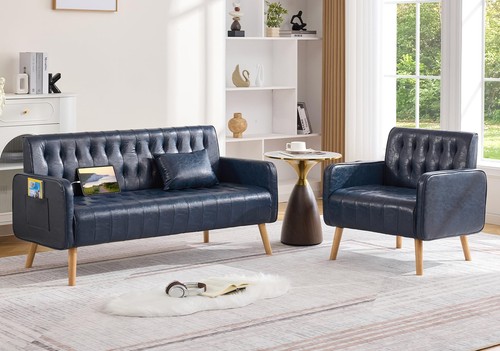 Blue leather tufted loveseat - blue,