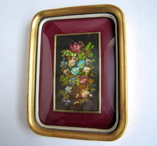 Peinture Miniature Fleurs Signé Andy Cadre Doré Verre Bombé Tableau