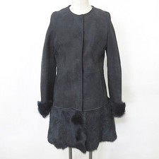 Premium Toscana Brisa Mouton Coat No Collar Leather Navy/Black Size S