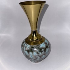 Bud Vase - Delft Holland Hand Painted Luster Brass Top Blue Bottom - 8 Inches