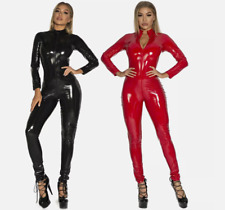 Women Shiny PVC Bodysuit Faux Leather Catsuit 2 Way Zip Long Sleeve Jumpsuit