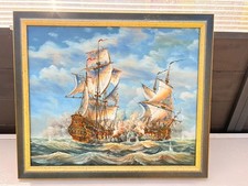 Tableau Peinture Huile Toile Marine Galion Bateau Bataille Navale Signé Encadré