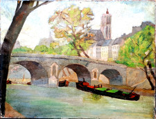Ancien TABLEAU Belle huile/toile " Paris, le pont Marie et l'église St Gervais"