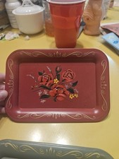 Vintage Red & Green Tole Trays With Roses 6.5" Very Good Vintage Condition
