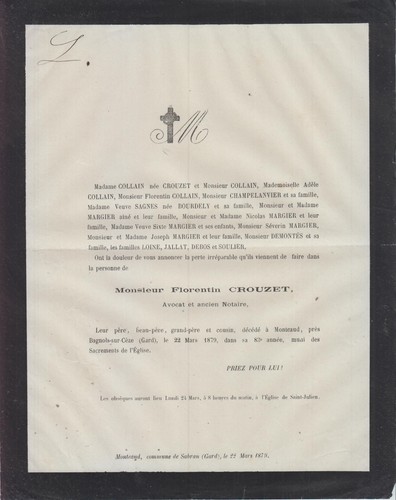 1879 faire part - 1879, décès