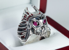 925 Silver - Solid Mens Ring - 0.20ct Rubies - Skull / Skull