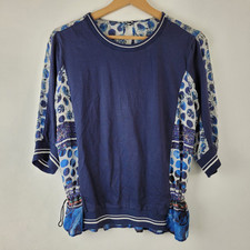 Plancha Tibia Women Size L Blue White Patchwork 100% Silk Blouse Casual Summer